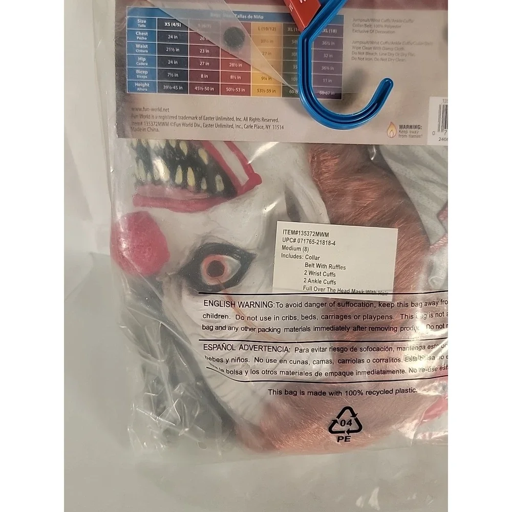 Fun World Twisted Clown Scary Evil Halloween Costume Boys Kids Size M 8 NWT